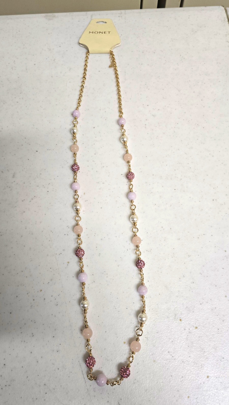 Monet Gold Tone Oval Link Chain Necklace Pink White Beaded Rhinestone Balls